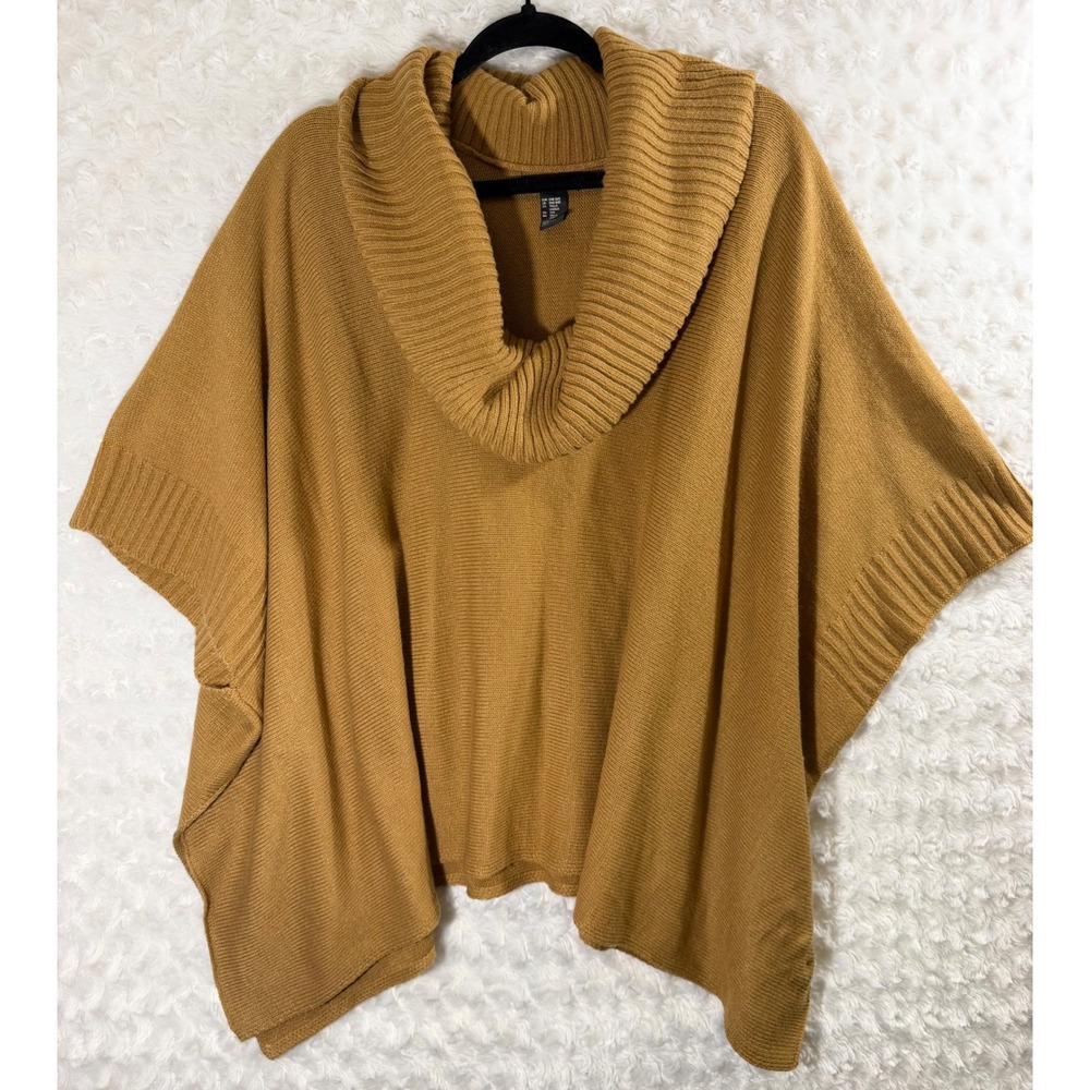 HM Basic Womens Cowl Neck Knit Poncho Mustard Yellow One Size Oversized Sweater